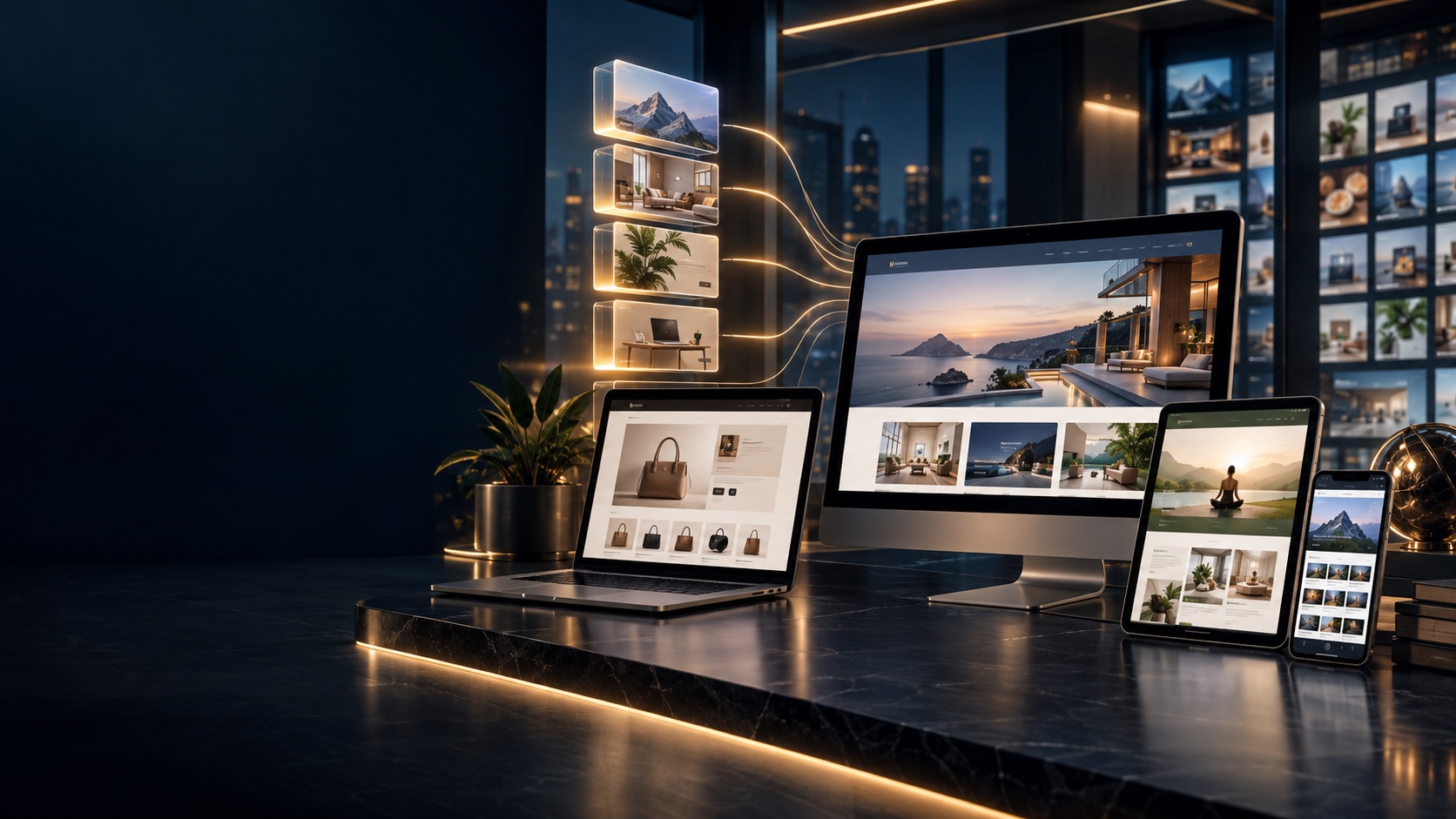 Premium website concepts displayed across desktop, laptop, tablet and phone in a midnight-blue studio.